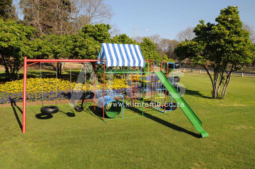 Senior Jungle Gym With Drum + 3m Steel Slide + Tyre Tunnel Attachment + Swing Attachment With 2 Tyre Swings