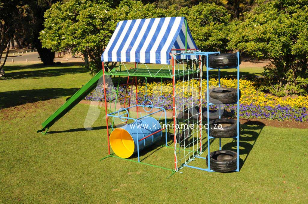 Senior Tyre Tunnel Jungle Gym + 3m Steel Slide + Swing Attachment With 2 Tyre Swings 