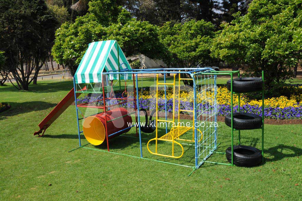 Junior Jungle Gym with See-Saw + 2m Steel Slide  + Tyre Tunnel Attachment